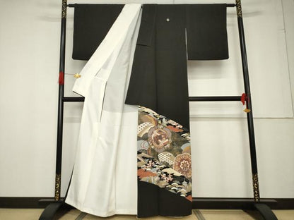 平和屋着物●豪華黒留袖 友禅 駒刺繍 鏡裏鳳凰花文 金彩 正絹 逸品 AABF3621ck