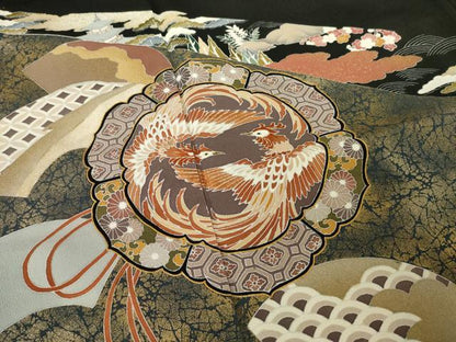 平和屋着物●豪華黒留袖 友禅 駒刺繍 鏡裏鳳凰花文 金彩 正絹 逸品 AABF3621ck
