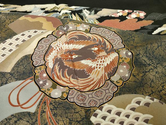 平和屋着物●豪華黒留袖 友禅 駒刺繍 鏡裏鳳凰花文 金彩 正絹 逸品 AABF3621ck