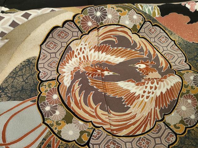 平和屋着物●豪華黒留袖 友禅 駒刺繍 鏡裏鳳凰花文 金彩 正絹 逸品 AABF3621ck