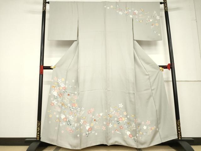 平和屋着物●訪問着 友禅 駒刺繍 花蝶文 正絹 逸品 AABF3622ck