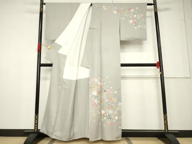 平和屋着物●訪問着 友禅 駒刺繍 花蝶文 正絹 逸品 AABF3622ck