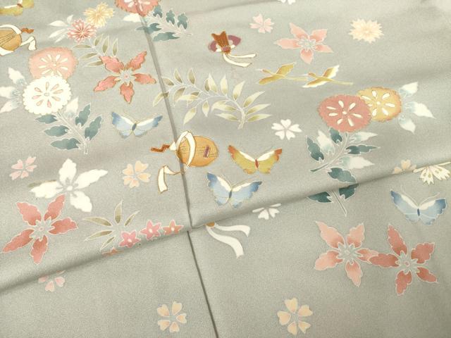 平和屋着物●訪問着 友禅 駒刺繍 花蝶文 正絹 逸品 AABF3622ck