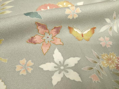 平和屋着物●訪問着 友禅 駒刺繍 花蝶文 正絹 逸品 AABF3622ck