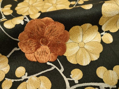平和屋着物●訪問着 駒刺繍 枝花文 黒地 正絹 逸品 AABF3633ck