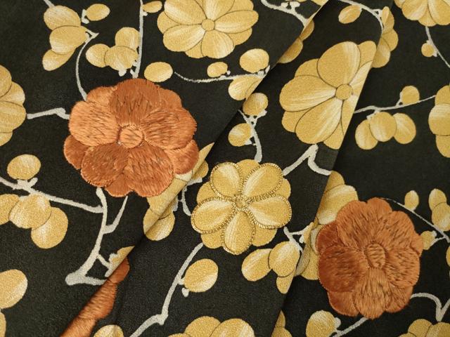 平和屋着物●訪問着 駒刺繍 枝花文 黒地 正絹 逸品 AABF3633ck