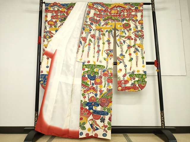 平和屋着物●豪華振袖　紅型　扇面花鳥文　正絹　逸品　AABF3634ck