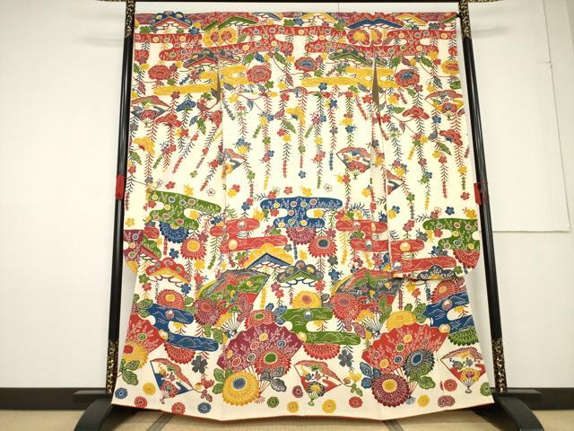 平和屋着物●豪華振袖　紅型　扇面花鳥文　正絹　逸品　AABF3634ck