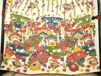 平和屋着物●豪華振袖　紅型　扇面花鳥文　正絹　逸品　AABF3634ck