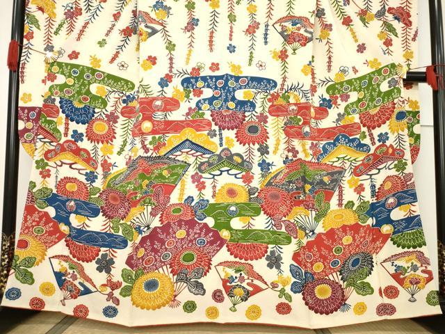 平和屋着物●豪華振袖　紅型　扇面花鳥文　正絹　逸品　AABF3634ck