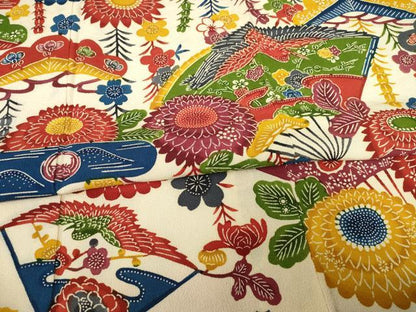 平和屋着物●豪華振袖　紅型　扇面花鳥文　正絹　逸品　AABF3634ck