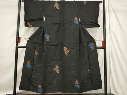 平和屋着物■上質な小紋 寿光織 草花文 黒地 金銀糸 正絹 逸品 AABF3683st
