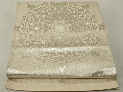 平和屋着物◎六通柄袋帯 花絵皿文 銀糸 正絹 逸品 未使用 AABF3723ou