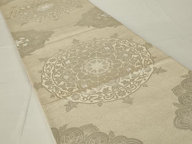 平和屋着物◎六通柄袋帯 花絵皿文 銀糸 正絹 逸品 未使用 AABF3723ou
