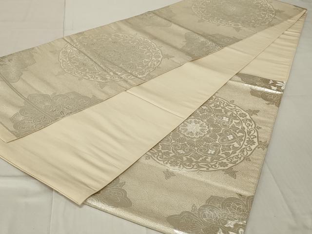 平和屋着物◎六通柄袋帯 花絵皿文 銀糸 正絹 逸品 未使用 AABF3723ou
