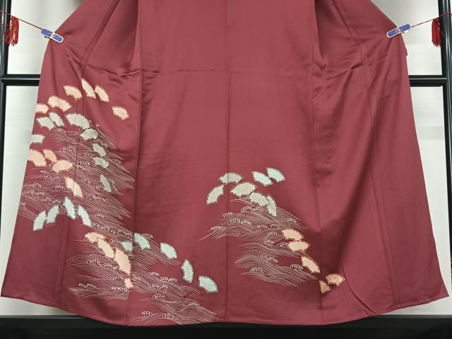 平和屋着物▽訪問着 単衣 駒刺繍 地紙立波文 正絹 逸品 AABF3770jh