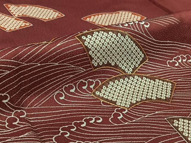 平和屋着物▽訪問着 単衣 駒刺繍 地紙立波文 正絹 逸品 AABF3770jh