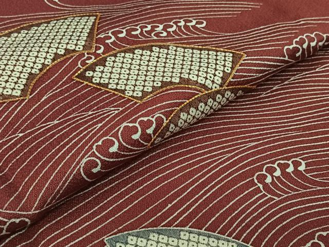 平和屋着物▽訪問着 単衣 駒刺繍 地紙立波文 正絹 逸品 AABF3770jh