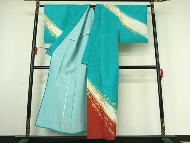 平和屋着物▽訪問着 単衣 草葉文 暈し染め 金彩 洗える着物 AABF3774jh