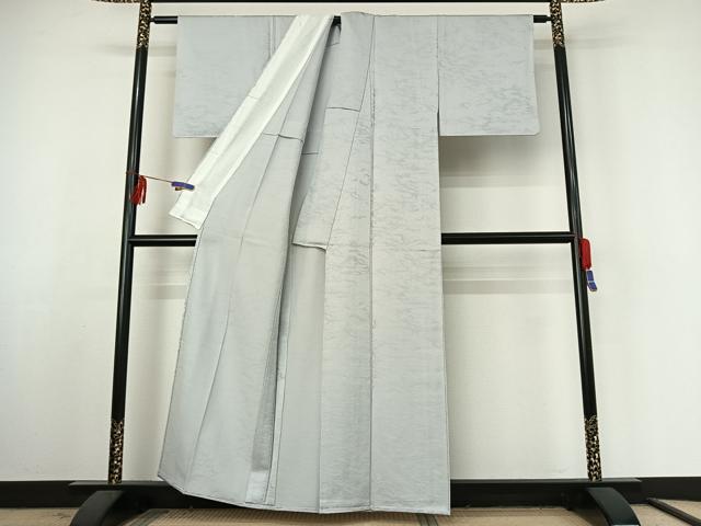 平和屋着物▽上質な色無地 単衣 雲取り地紋 灰青色 正絹 逸品 AABF3779jh