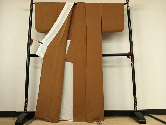 平和屋着物▽上質な色無地 単衣 黄橡色 鬼しぼ縮緬 正絹 逸品 AABF3786jh