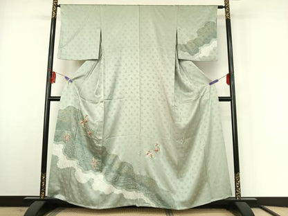 平和屋着物▽訪問着 単衣 絞り 刺繍 雪輪花文 銀糸 金銀彩 正絹 逸品 AABF3788jh