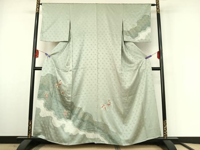 平和屋着物▽訪問着 単衣 絞り 刺繍 雪輪花文 銀糸 金銀彩 正絹 逸品 AABF3788jh