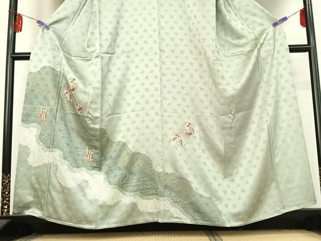 平和屋着物▽訪問着 単衣 絞り 刺繍 雪輪花文 銀糸 金銀彩 正絹 逸品 AABF3788jh