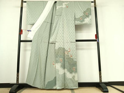 平和屋着物▽訪問着 単衣 絞り 刺繍 雪輪花文 銀糸 金銀彩 正絹 逸品 AABF3788jh