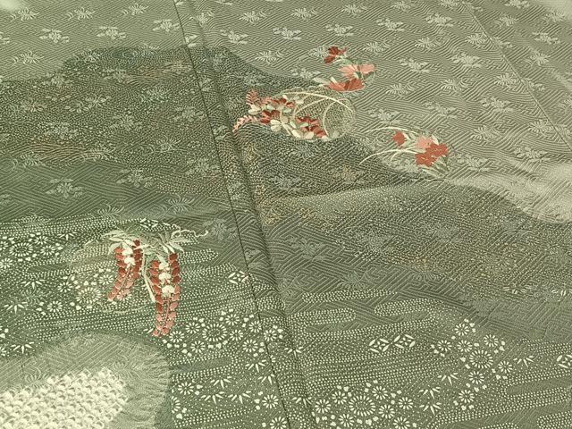 平和屋着物▽訪問着 単衣 絞り 刺繍 雪輪花文 銀糸 金銀彩 正絹 逸品 AABF3788jh