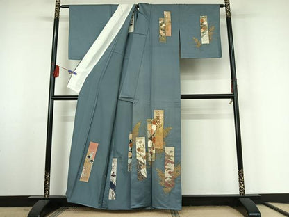 平和屋着物▽訪問着 単衣 短冊花文 金彩 正絹 逸品 AABF3789jh