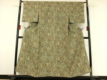 平和屋着物▽上質な小紋 単衣 更紗花文 鬼しぼ縮緬 正絹 逸品 AABF3793jh