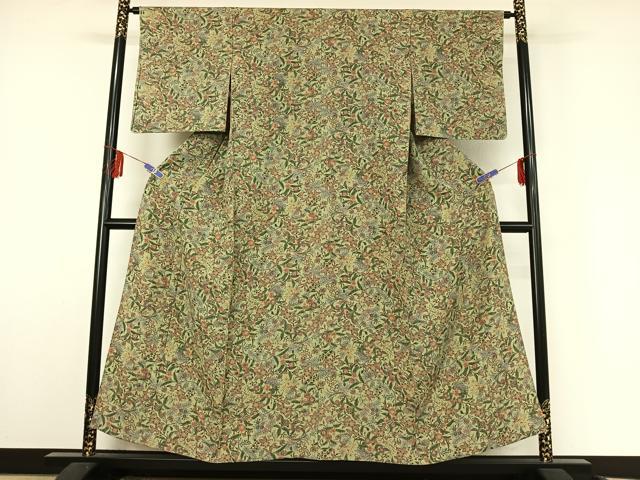 平和屋着物▽上質な小紋 単衣 更紗花文 鬼しぼ縮緬 正絹 逸品 AABF3793jh