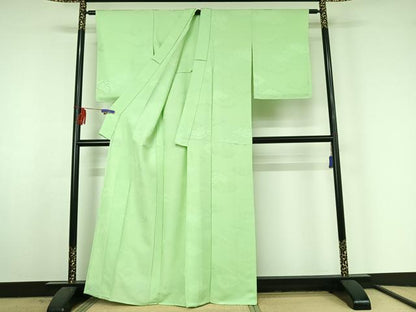平和屋着物▽上質な色無地 単衣 雲取り吉祥地紋 薄萌葱色 正絹 逸品 AABF3796jh