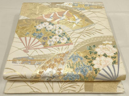 平和屋着物▼六通柄袋帯　扇面飛鶴花文　金銀糸　正絹　逸品　AABF3825wj