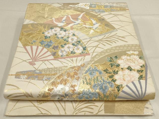 平和屋着物▼六通柄袋帯　扇面飛鶴花文　金銀糸　正絹　逸品　AABF3825wj