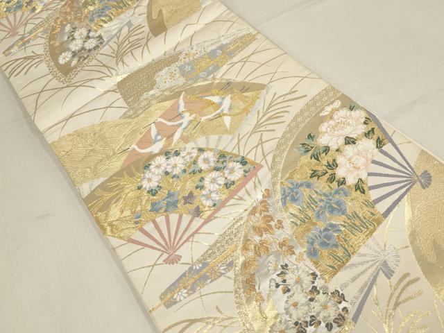 平和屋着物▼六通柄袋帯　扇面飛鶴花文　金銀糸　正絹　逸品　AABF3825wj