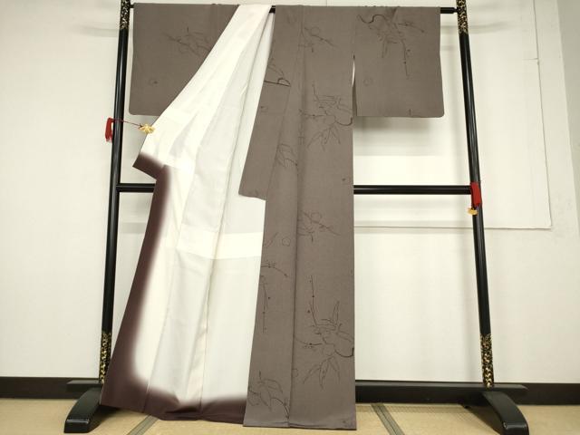 平和屋着物●上質な小紋 竹縞 枝花文 正絹 逸品 AABF3943ck