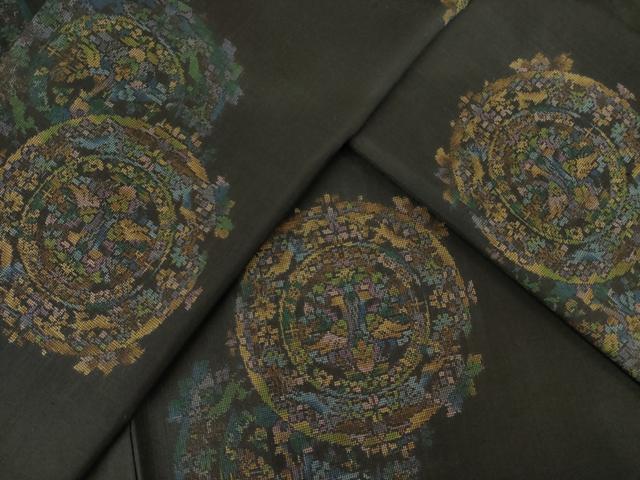 平和屋着物●本場大島紬 カタス9マルキ 地空き 鏡裏花鳥文 正絹 逸品 AABF3945ck