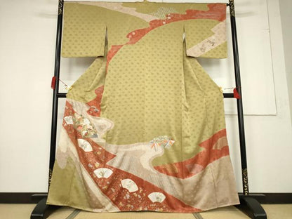 平和屋着物●訪問着 絞り 刺繍 流水扇面花文 金銀彩 正絹 逸品 未使用 AABF3946ck