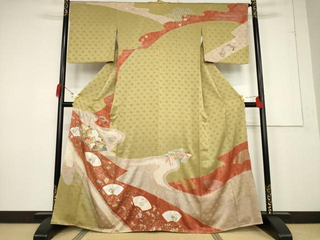 平和屋着物●訪問着 絞り 刺繍 流水扇面花文 金銀彩 正絹 逸品 未使用 AABF3946ck