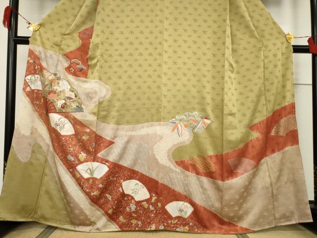 平和屋着物●訪問着 絞り 刺繍 流水扇面花文 金銀彩 正絹 逸品 未使用 AABF3946ck