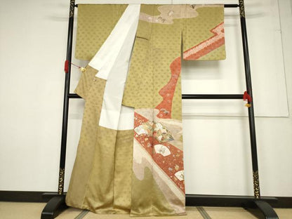 平和屋着物●訪問着 絞り 刺繍 流水扇面花文 金銀彩 正絹 逸品 未使用 AABF3946ck