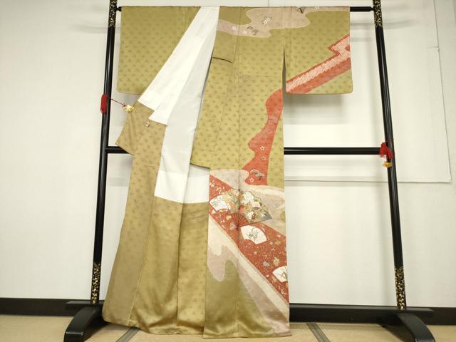 平和屋着物●訪問着 絞り 刺繍 流水扇面花文 金銀彩 正絹 逸品 未使用 AABF3946ck