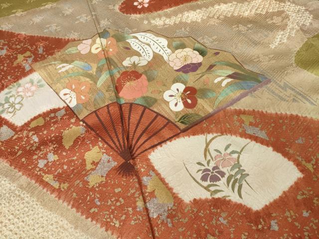 平和屋着物●訪問着 絞り 刺繍 流水扇面花文 金銀彩 正絹 逸品 未使用 AABF3946ck