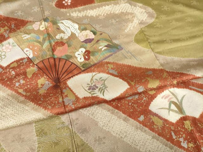 平和屋着物●訪問着 絞り 刺繍 流水扇面花文 金銀彩 正絹 逸品 未使用 AABF3946ck
