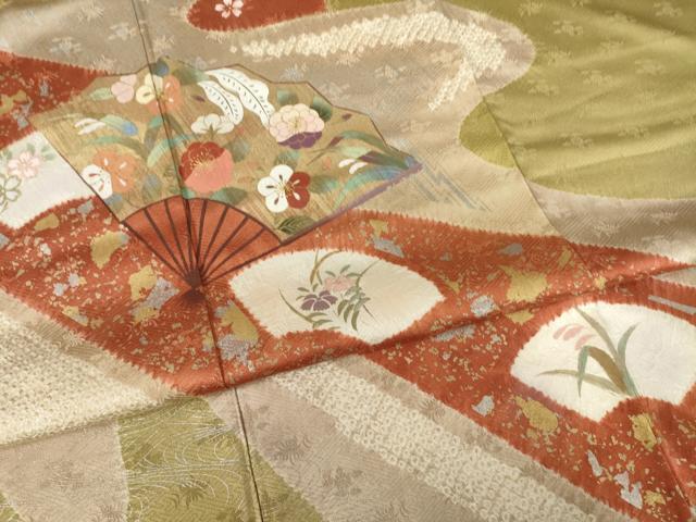 平和屋着物●訪問着 絞り 刺繍 流水扇面花文 金銀彩 正絹 逸品 未使用 AABF3946ck