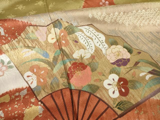 平和屋着物●訪問着 絞り 刺繍 流水扇面花文 金銀彩 正絹 逸品 未使用 AABF3946ck