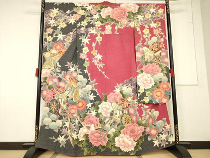 平和屋着物●名門　藤娘きぬたや・総絞り　振袖　御所車花文　正絹　逸品　AABF3950ck