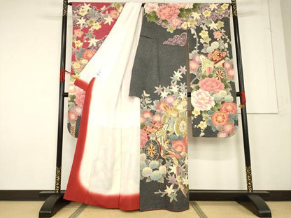 平和屋着物●名門　藤娘きぬたや・総絞り　振袖　御所車花文　正絹　逸品　AABF3950ck
